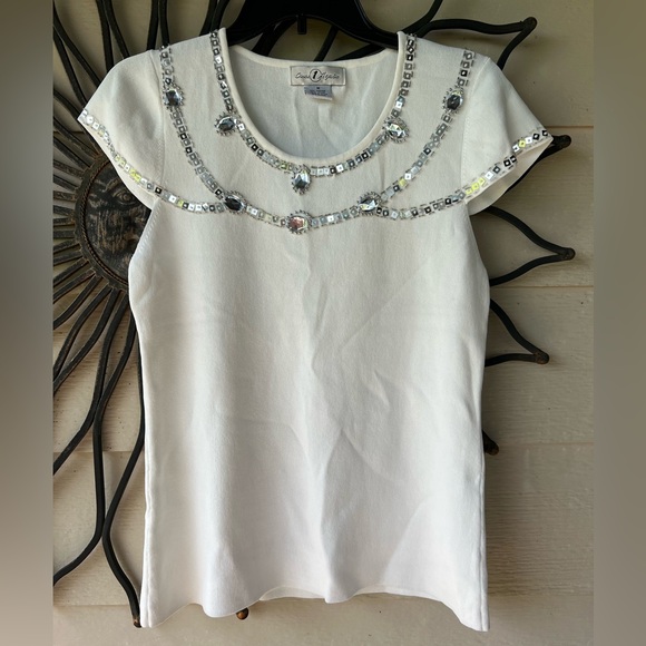 Ladies White Once 1 Again Sleeveless Sweater Top with Gems & Beads, Medium - Picture 1 of 3
